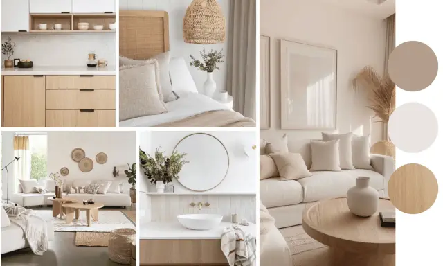 Ambiance douce et naturelle pour cette maison de rêve : cuisine épurée, chambre cosy, salon invitant et salle de bain zen.