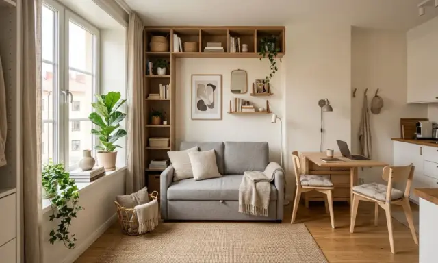 Petit appartement pour femme seule : canapé gris, étagères remplies, coin repas et cuisine fonctionnelle. Ambiance cosy et lumineuse.