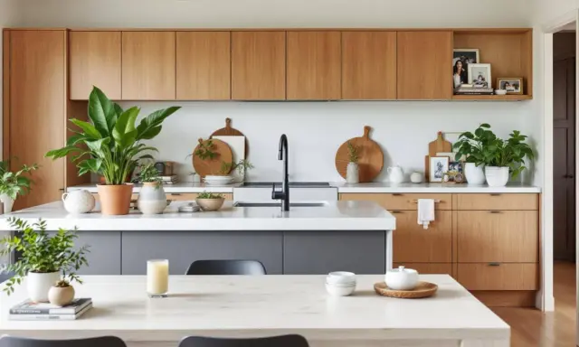 Élégante déco cuisine moderne chic avec armoires en bois, îlot gris, plantes vertes et vaisselle en bois.