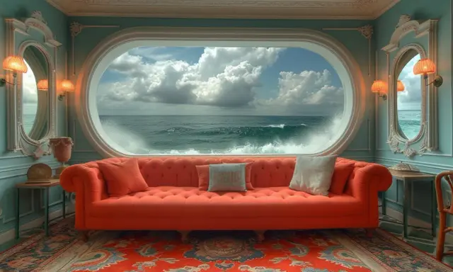 Un canapé orange vif face à une fenêtre ovale offrant une vue spectaculaire sur l'océan, un trompe l'oeil pour agrandir une pièce.