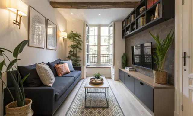 Salon cosy dans une maison en longueur, avec un canapé bleu, une table basse, une TV et des étagères.