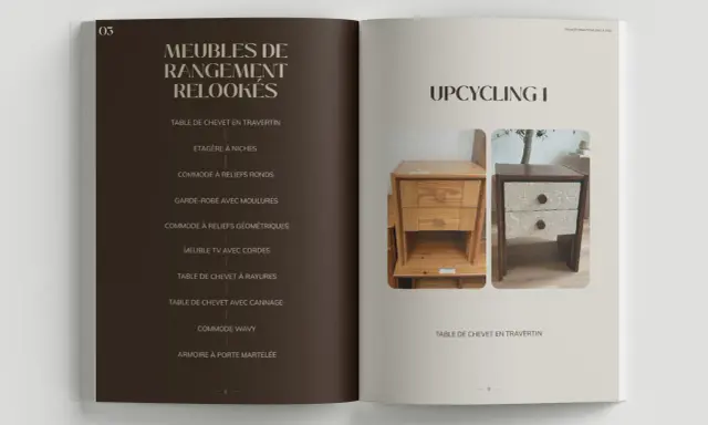 Transformation d'un meuble : une table de chevet en bois brut est métamorphosée en un meuble design avec un revêtement en travertin.