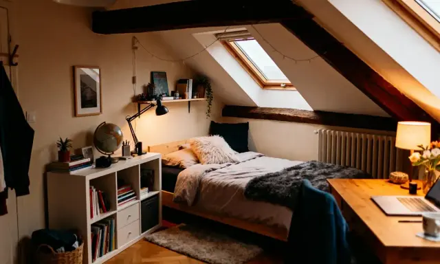 Chambre sous comble très bas, avec lit douillet, bureau et étagères. Lumière tamisée par les lucarnes et guirlandes.