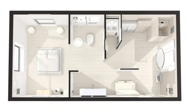 Plan d'une suite parentale avec chambre, salle de bain, dressing et coin salon.