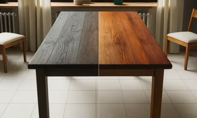 Table en bois divisée en deux : d'un côté sombre, de l'autre couleur naturelle. Idéal pour éclaircir bois naturellement.