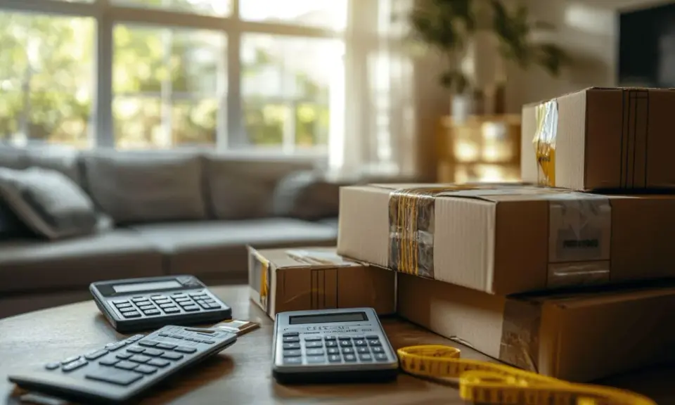 Calculatrices et cartons sur une table, prêts pour estimer le prix déménagement m3.