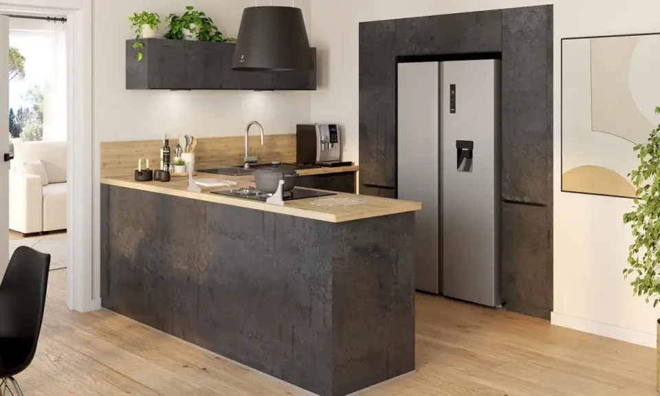 Plan cuisine moderne avec îlot central en béton ciré, réfrigérateur américain et hotte design.