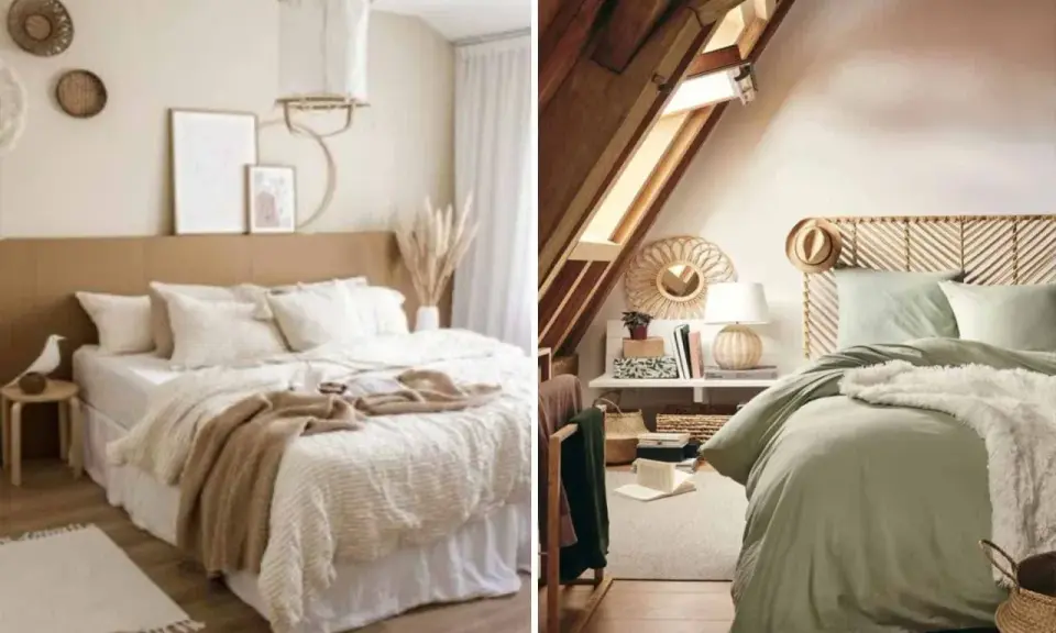 Deux chambres douillettes. L'une est une chambre beige et blanc avec un lit king-size et des décorations murales en rotin. L'autre est une chambre mansardée avec un lit vert sauge et une tête de lit en bois.
