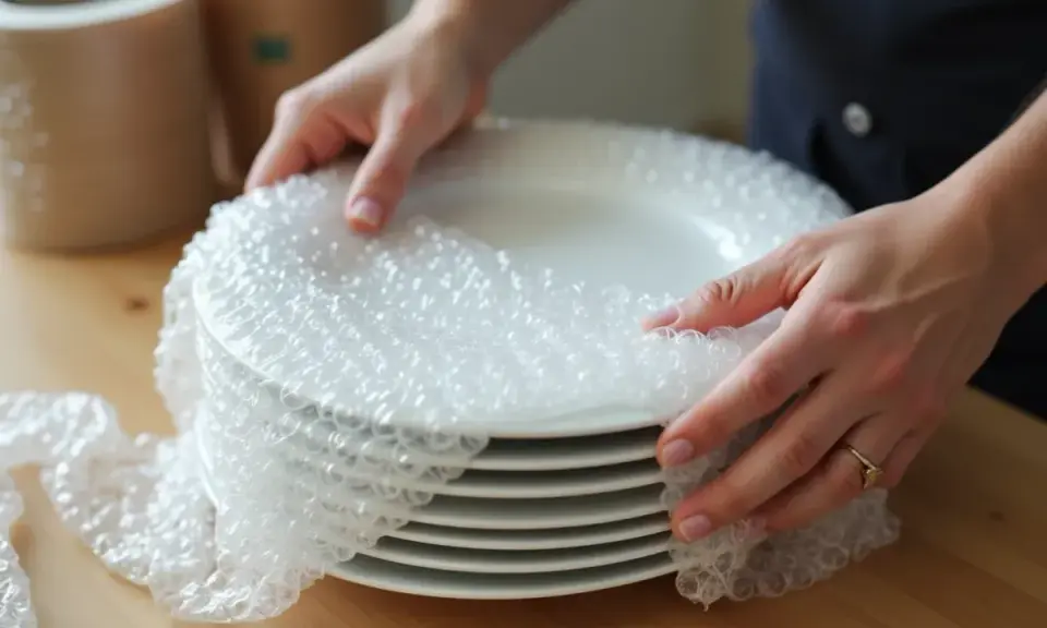 Mains protègent une pile de vaisselle avec du papier bulle, préparant le déménagement.