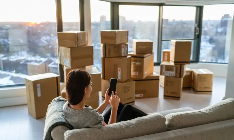 Une femme sur un canapé regarde son téléphone, entourée de cartons. Elle prépare son déménagement à Lyon.