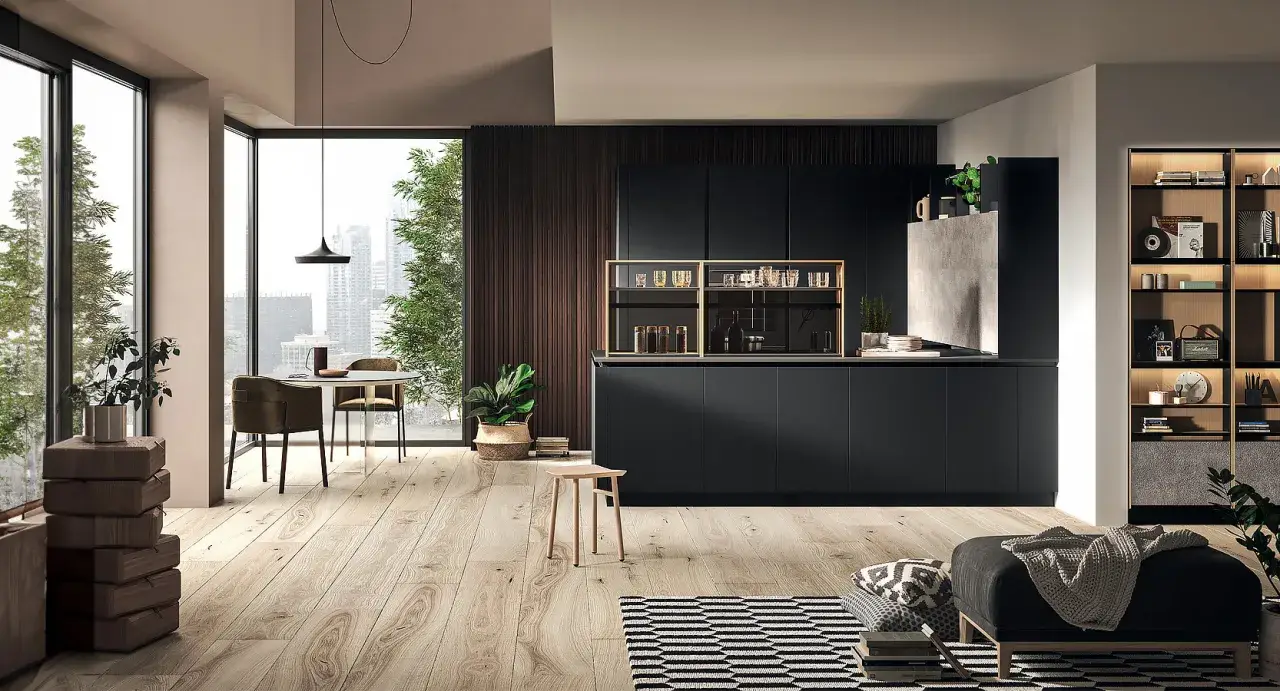 Une cuisine ouverte sur salon moderne et épurée, avec des meubles noirs, un îlot central et une vue panoramique sur la ville.