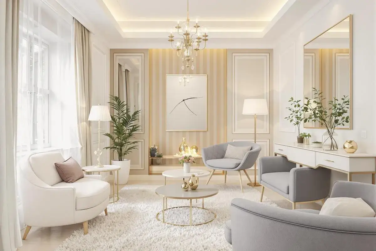 Salon lumineux avec mobilier moderne et un grand miroir, cr&eacute;ant un effet trompe l'oeil pour agrandir une pi&egrave;ce.