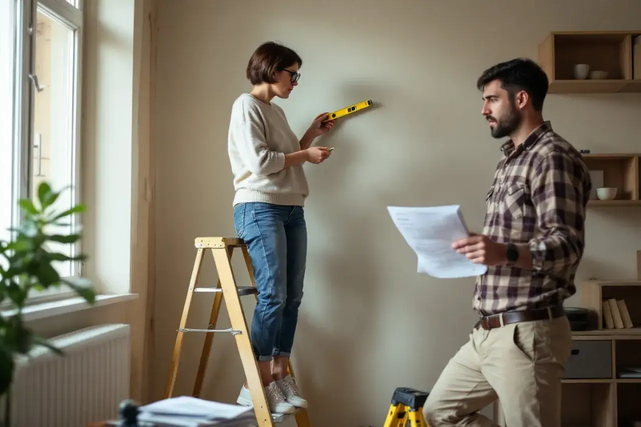 Couple planifiant une diy &eacute;tag&egrave;re bois. Elle utilise un niveau, il tient les plans.