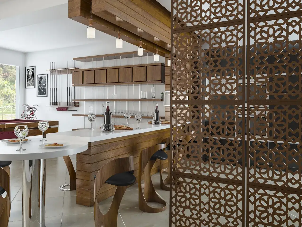 Un bar moderne avec des tabourets en bois, des bouteilles de vin et des verres. Une table ronde est dressée, suggérant une entrée directe dans la cuisine.