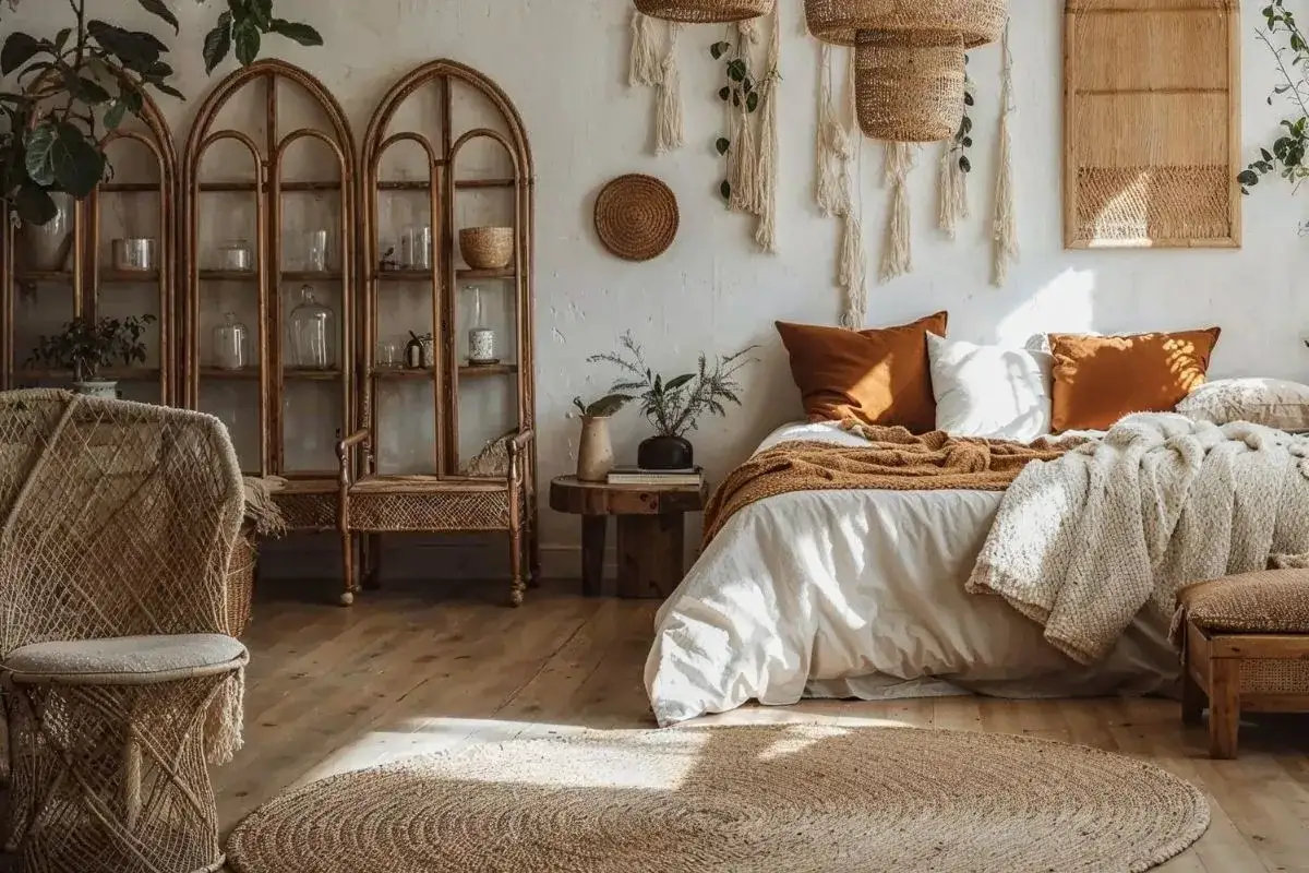 Chambre parentale boh&egrave;me chic avec lit douillet, &eacute;tag&egrave;res en rotin, fauteuil tress&eacute; et tapis rond. Ambiance chaleureuse et naturelle.