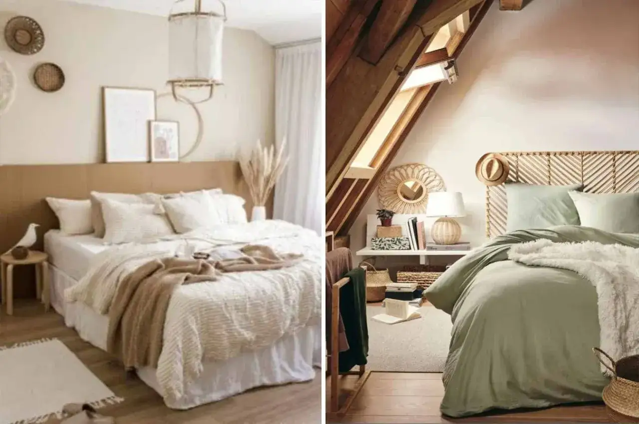 Deux chambres douillettes : une chambre beige et blanc avec un lit king-size, et une chambre sous les combles avec une t&ecirc;te de lit en rotin.