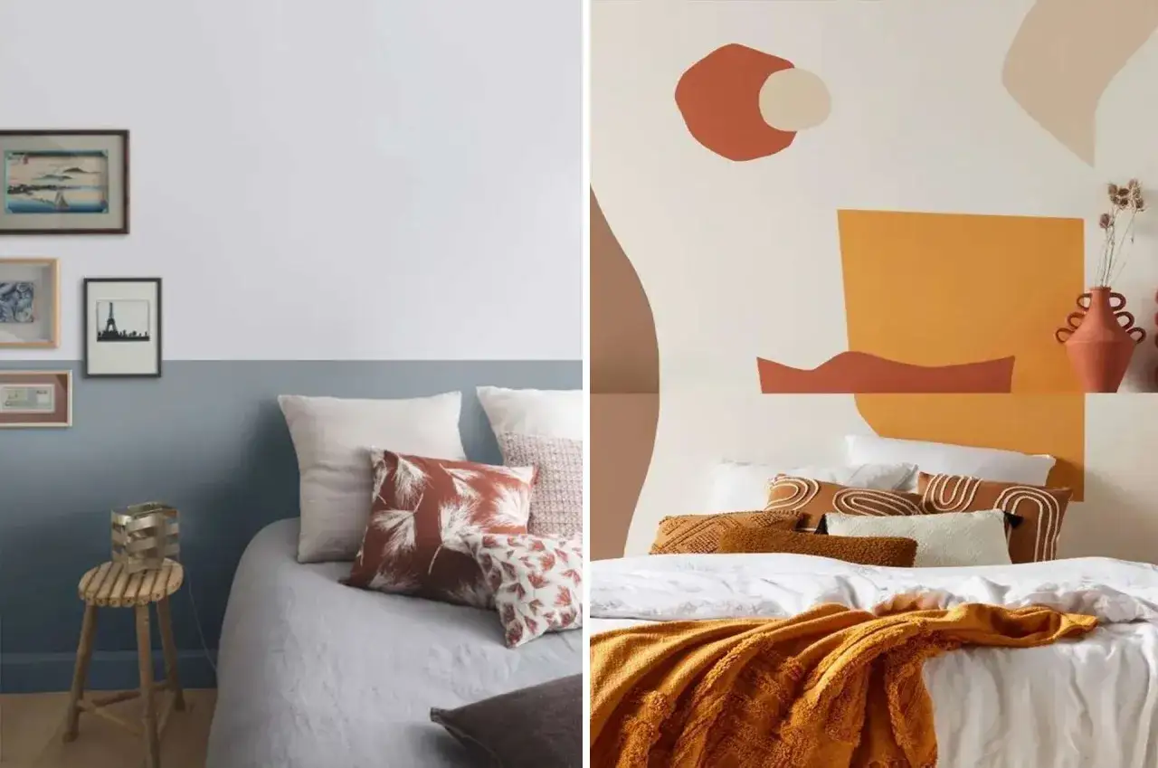 Deux lits douillets. &Agrave; gauche, une t&ecirc;te de lit peinture originale avec des cadres. &Agrave; droite, une t&ecirc;te de lit abstraite aux tons chauds.