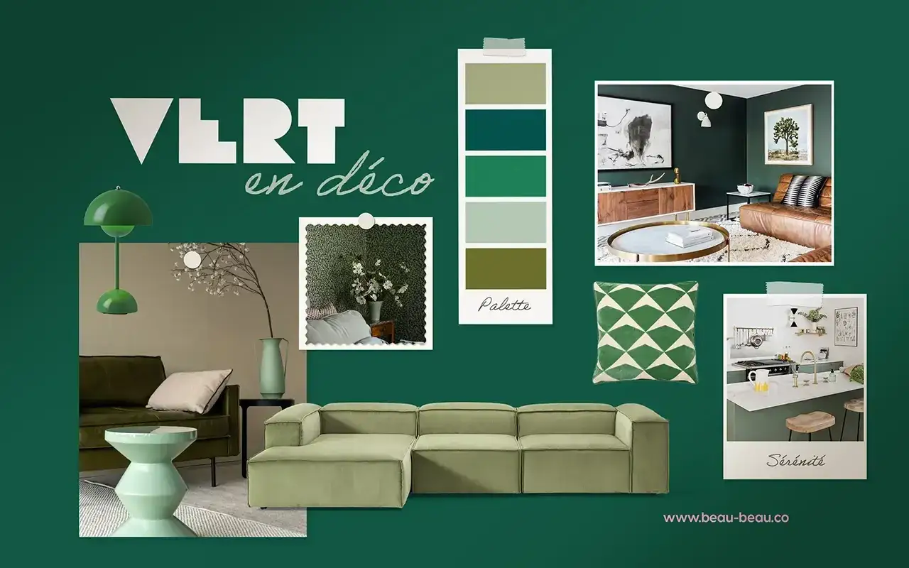 Inspiration d&eacute;co pour comment obtenir du vert sapin : palette, canap&eacute;, coussin, cuisine et salon.