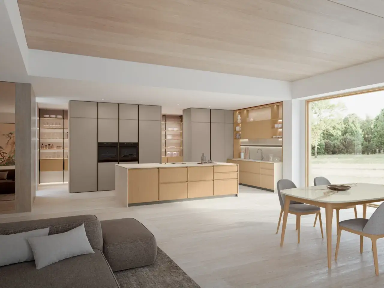 Cuisine moderne avec &icirc;lot central en bois clair, armoires &eacute;pur&eacute;es et une table &agrave; manger pr&egrave;s d'une grande fen&ecirc;tre. Une belle deco cuisine.