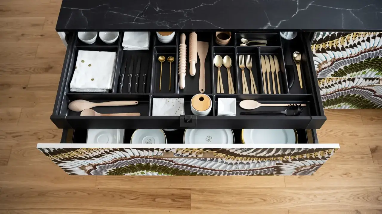 Tiroir de cuisine organisé : ustensiles dorés, spatules en bois, serviettes et une astuce rangement casserolier pour un espace impeccable.