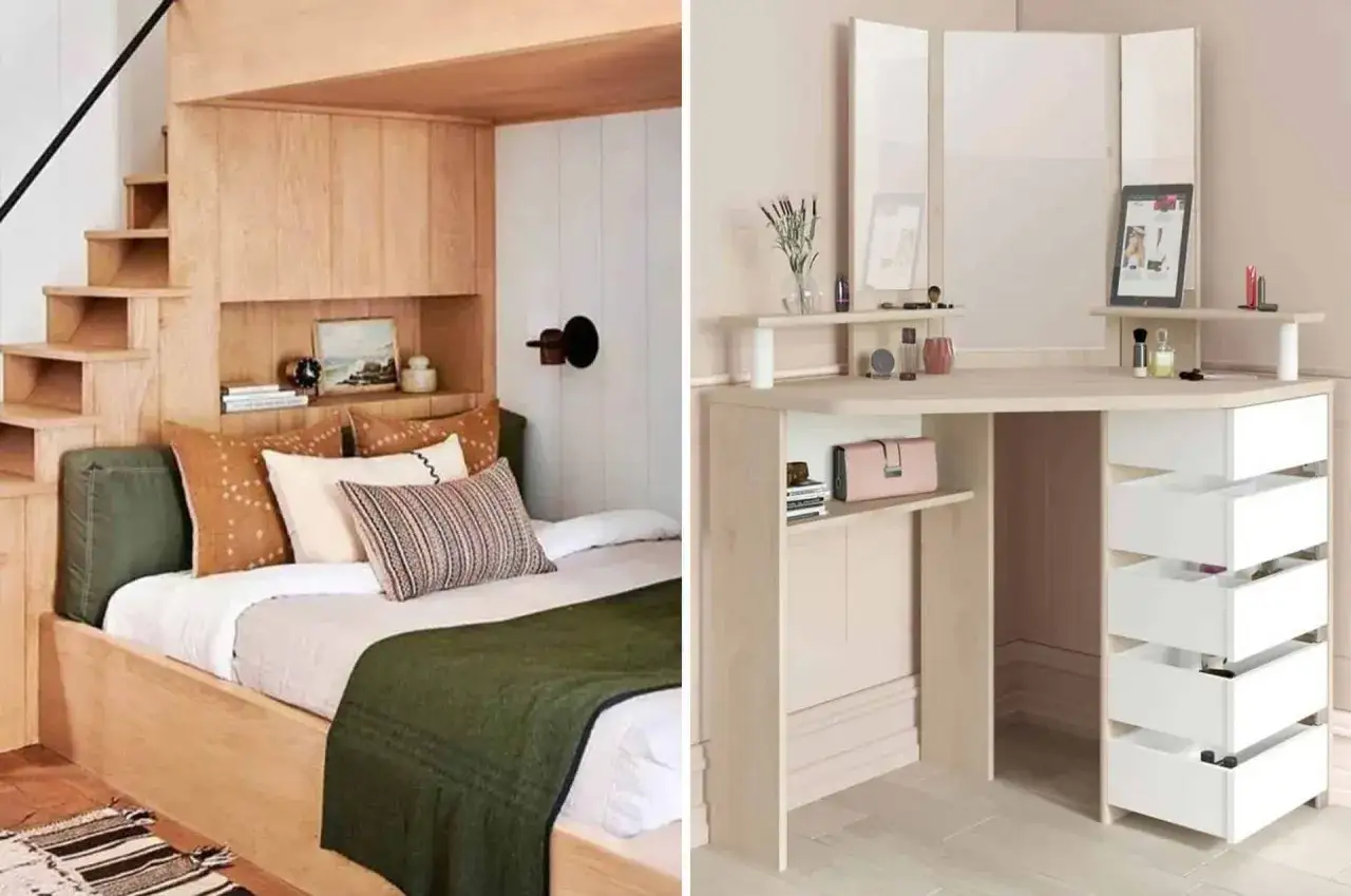Am&eacute;nagement astucieux d'une chambre 10m2 : lit mezzanine en bois avec escalier int&eacute;gr&eacute; et coiffeuse d'angle moderne avec miroir triparti.