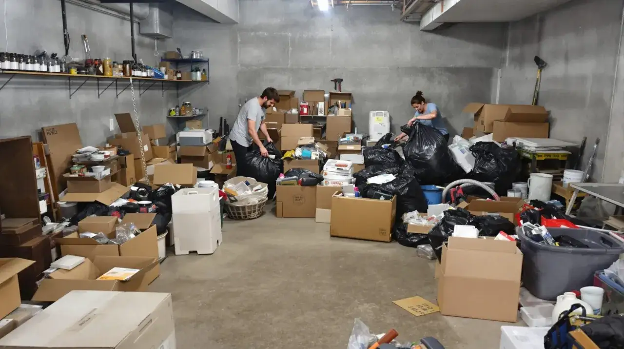Deux personnes s'affairent &agrave; vider une cave encombr&eacute;e de cartons et de sacs poubelles.