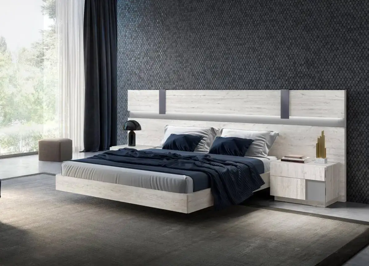 Une chambre moderne avec une tête de lit lumineuse et un design épuré. Une belle idée tête de lit pour une ambiance chic.