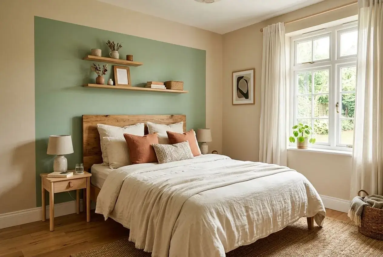 Une chambre adulte paisible avec un mur bicolore vert sauge et beige, un lit douillet, des &eacute;tag&egrave;res en bois et une fen&ecirc;tre lumineuse.