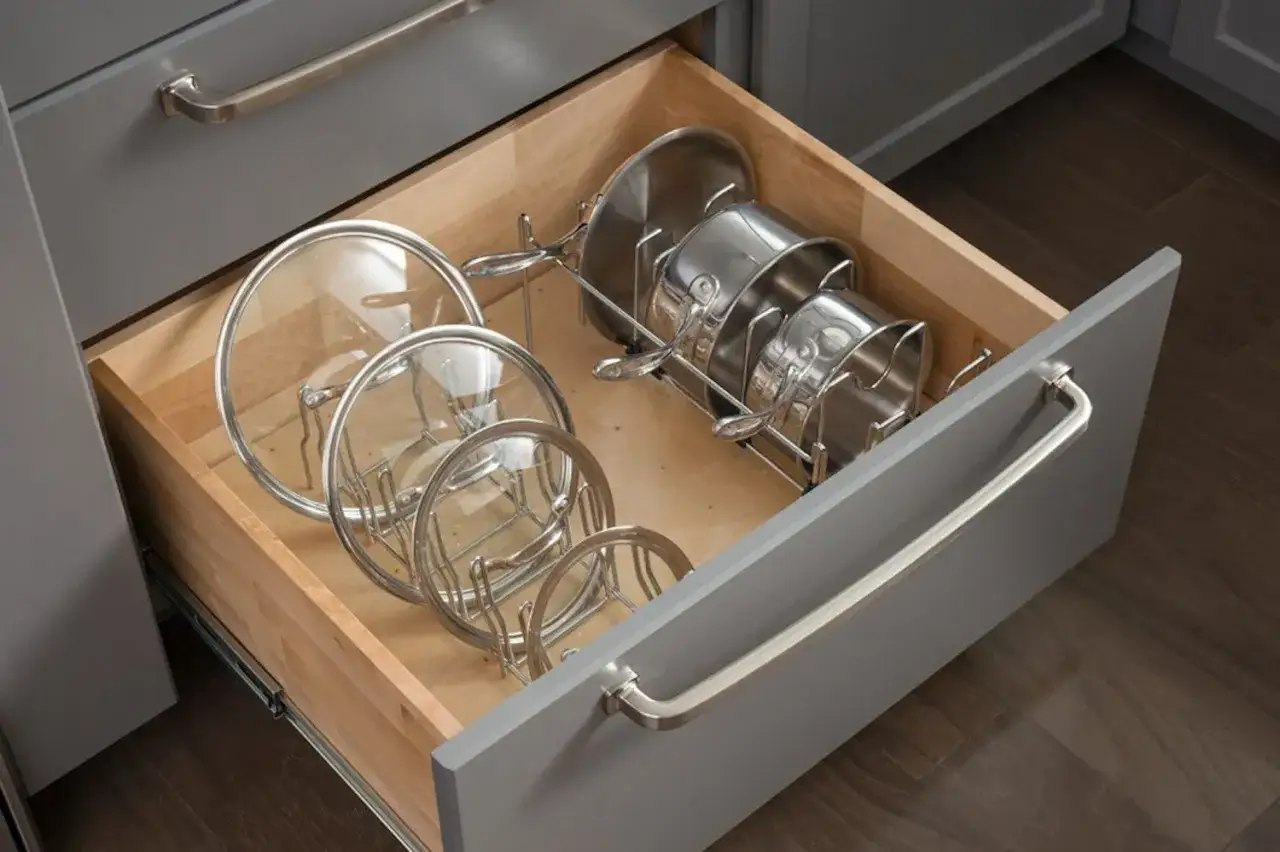 Tiroir de cuisine bien organis&eacute; avec un support pour ranger les couvercles de casseroles. Une astuce pour ranger les couvercles efficacement.