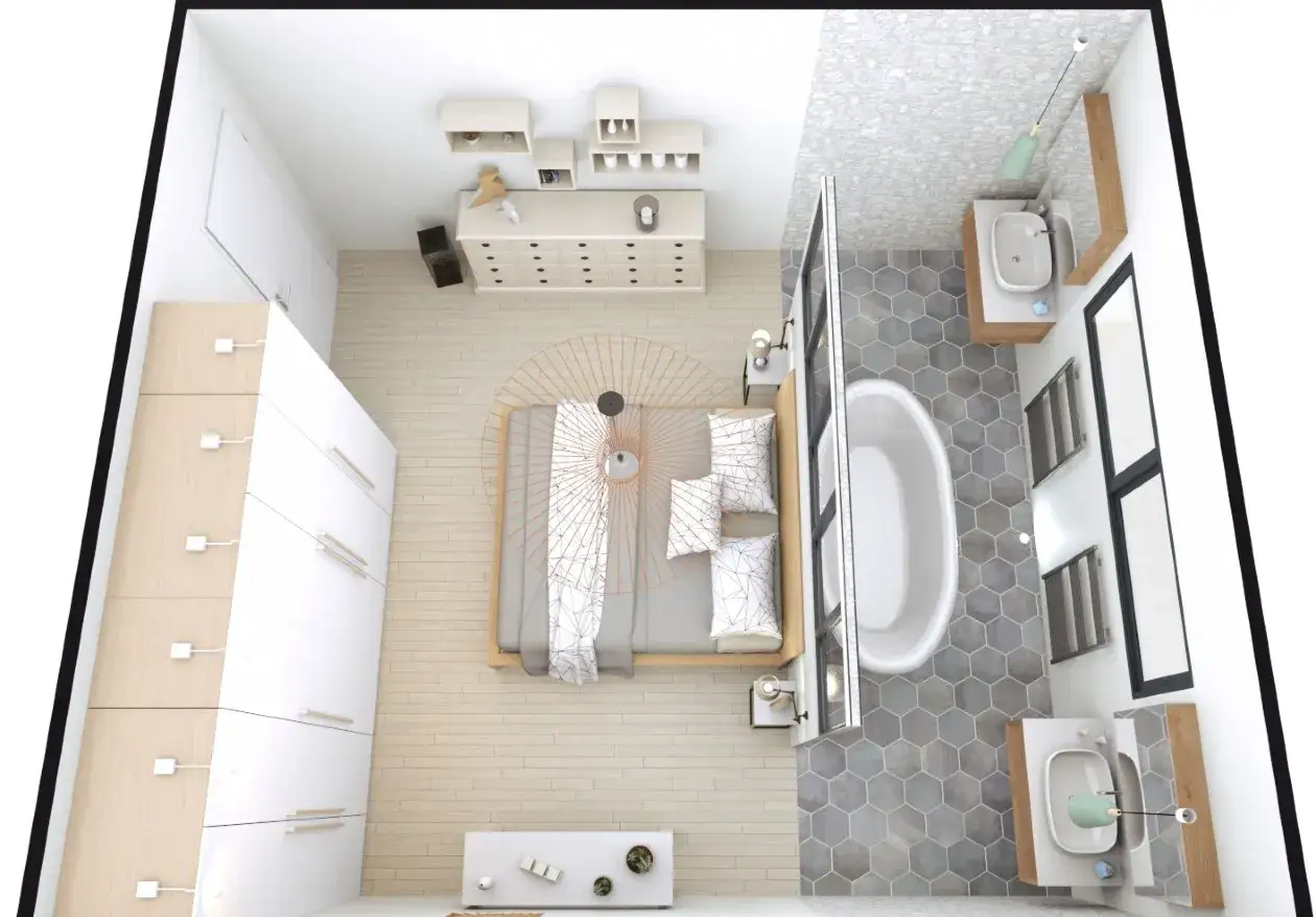Plan d'une suite parentale : chambre avec lit, dressing et salle de bain attenante avec baignoire et double vasque.