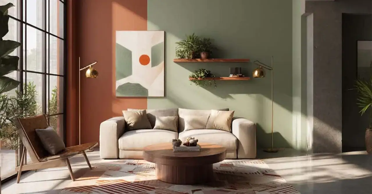 Salon moderne avec canap&eacute; beige, fauteuil en cuir, table basse en bois et un mur bicolore aux teintes terre et vert sauge nuancier.