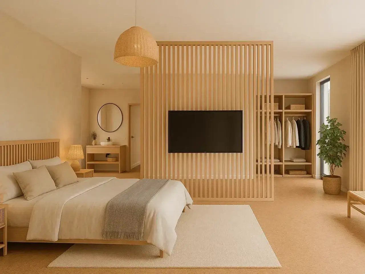 Une suite parentale moderne avec un lit douillet, une s&eacute;paration en bois abritant une TV, et un dressing ouvert.