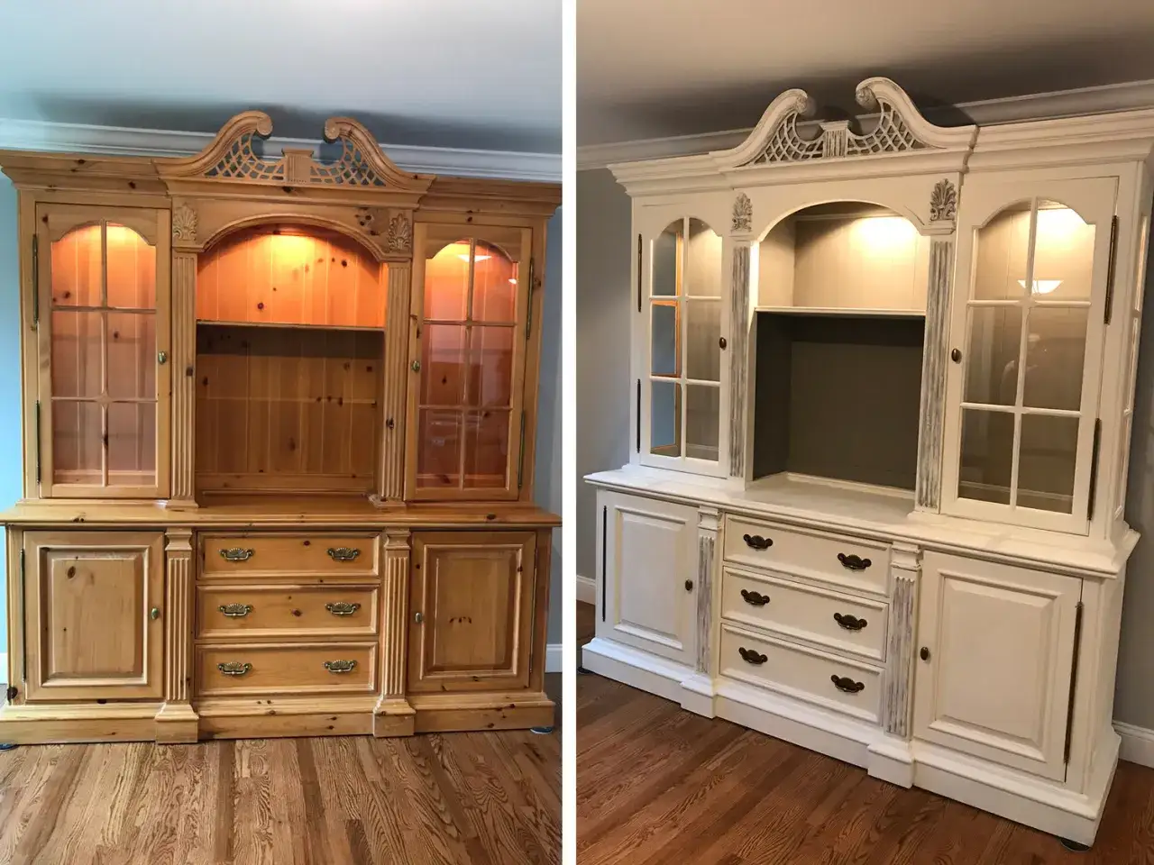 Avant/apr&egrave;s : un meuble en bois transform&eacute; par un patinage blanc vieilli, lui donnant un nouveau charme.
