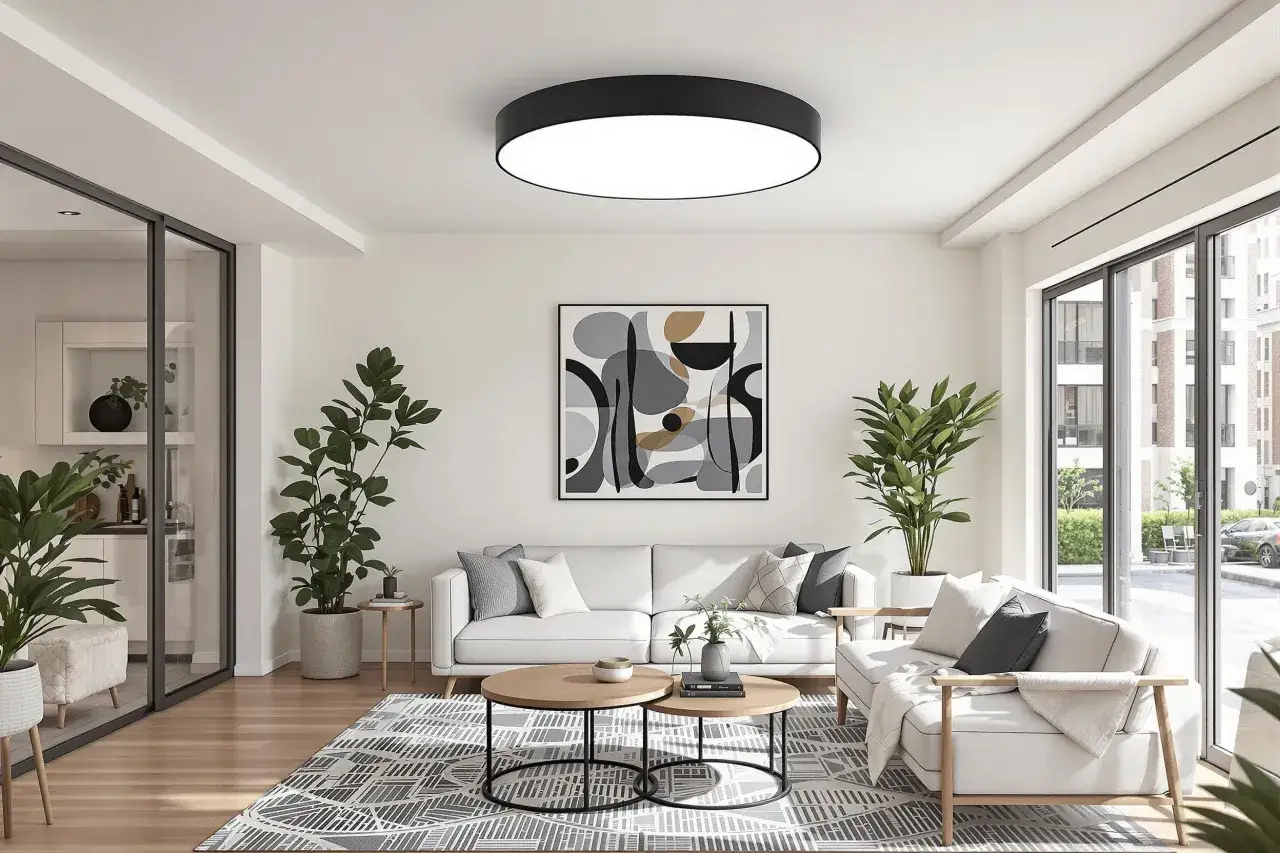 Salon moderne avec canap&eacute; blanc, table basse en bois, tapis graphique et plantes vertes. La couleur lumi&egrave;re du plafond &eacute;claire la pi&egrave;ce.