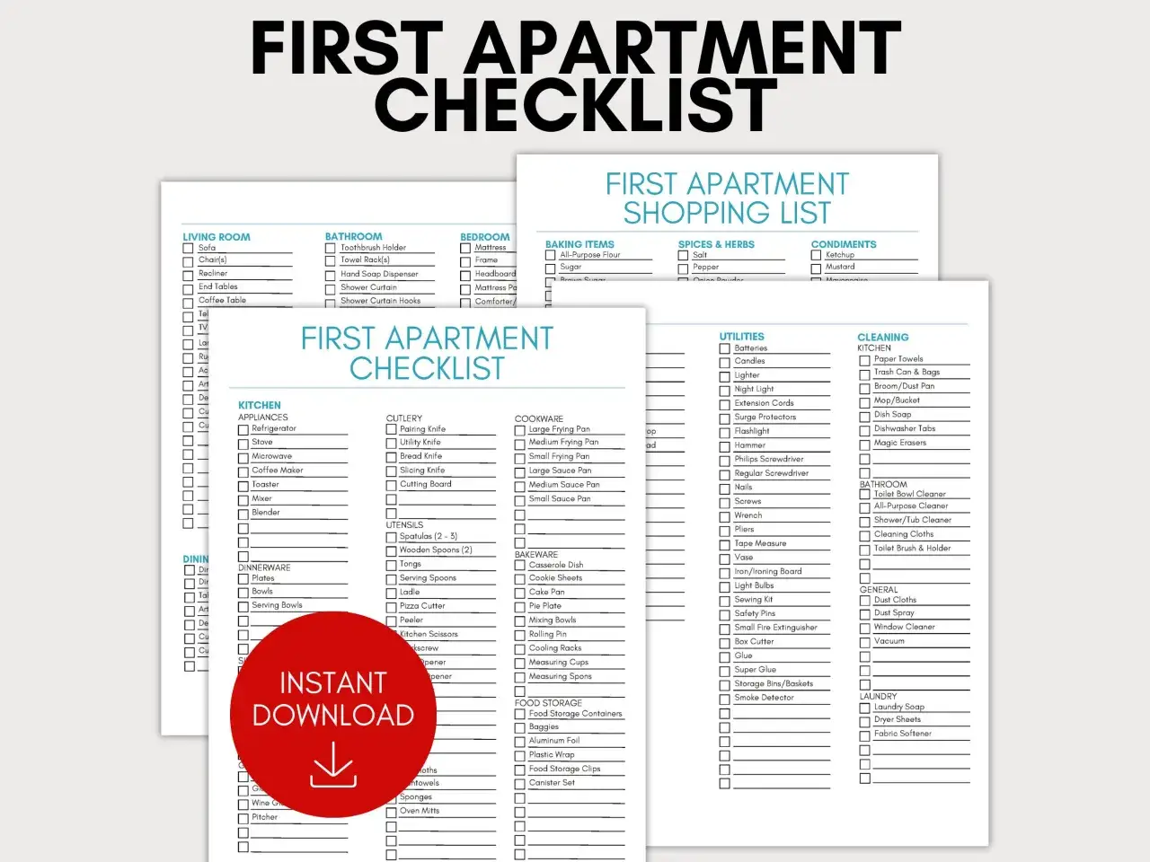 Liste de contr&ocirc;le pour l'emm&eacute;nagement dans un nouvel appartement, avec des sections pour le salon, la salle de bain, la chambre, la cuisine, la vaisselle, les ustensiles, les articles de cuisson, les &eacute;pices, les condiments, les produits d'utilit&eacute;, le n...