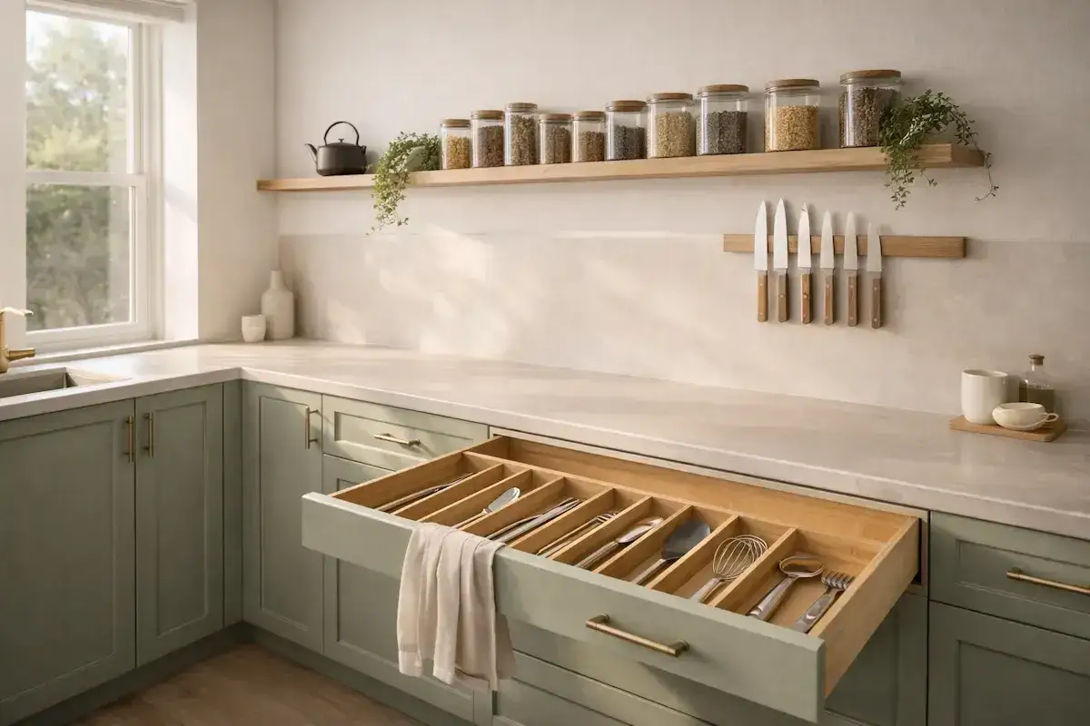 Tiroir ouvert r&eacute;v&eacute;lant une organisation cuisine impeccable avec des couverts rang&eacute;s. Des bocaux remplis d'ingr&eacute;dients sur une &eacute;tag&egrave;re au-dessus.