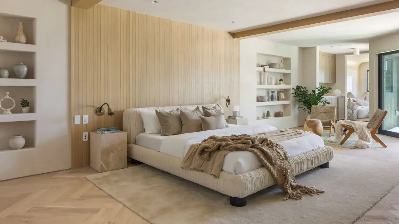 Chambre &agrave; coucher simple et moderne avec un lit bas, des &eacute;tag&egrave;res murales et un mur lambriss&eacute; en bois clair.