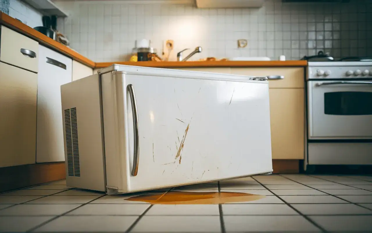 Un frigo couch&eacute; sur le sol de la cuisine, une flaque de liquide brun s'en &eacute;chappe. Combien de temps avant qu'il ne soit remis &agrave; la verticale ?
