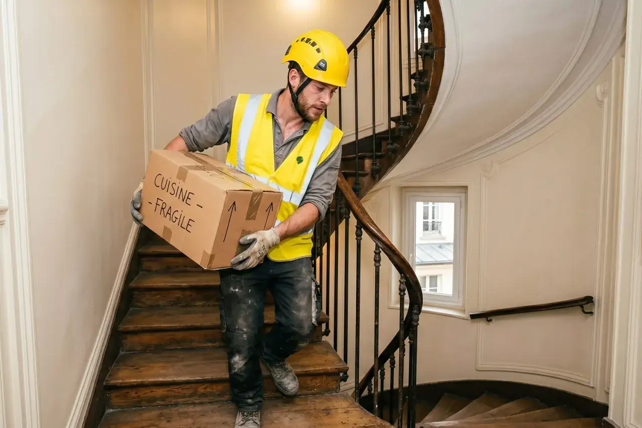 Un homme en casque jaune et gilet de s&eacute;curit&eacute; descend un escalier en colima&ccedil;on, portant un carton marqu&eacute; 