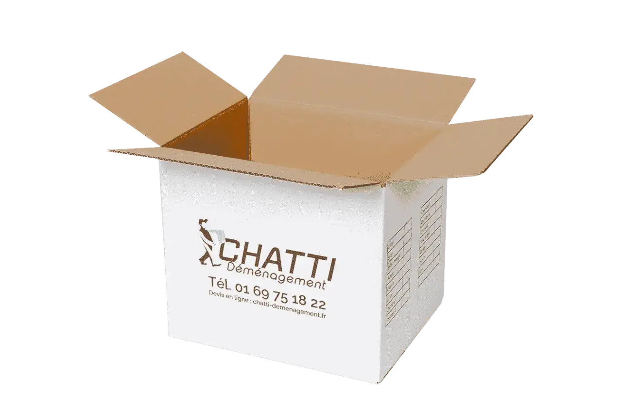 Un carton de d&eacute;m&eacute;nagement ouvert, pr&ecirc;t &agrave; contenir combien de livres. Logo CHATTI D&eacute;m&eacute;nagement visible.