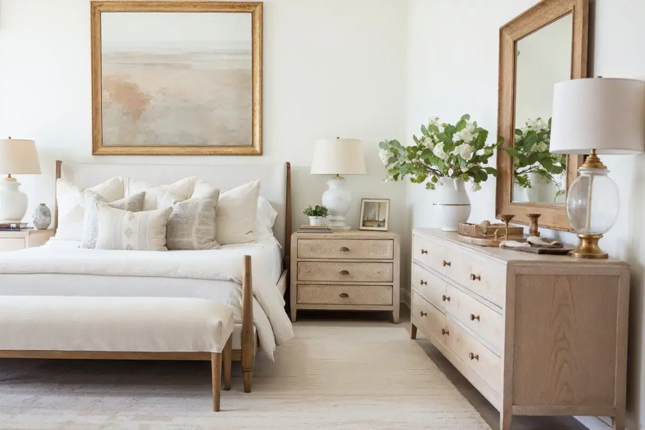 Id&eacute;es pour comment d&eacute;corer une chambre : un lit douillet, des tables de chevet en bois clair, un tableau abstrait et des lampes &eacute;l&eacute;gantes cr&eacute;ent une ambiance apaisante.