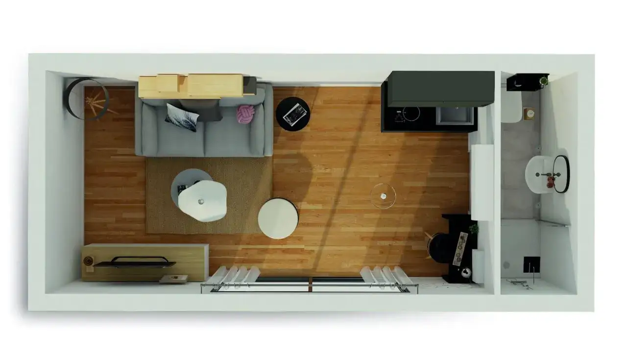 Plan studio 20m2 en longueur : salon cosy, coin cuisine fonctionnel, et salle de bain. Id&eacute;al pour un espace optimis&eacute;.