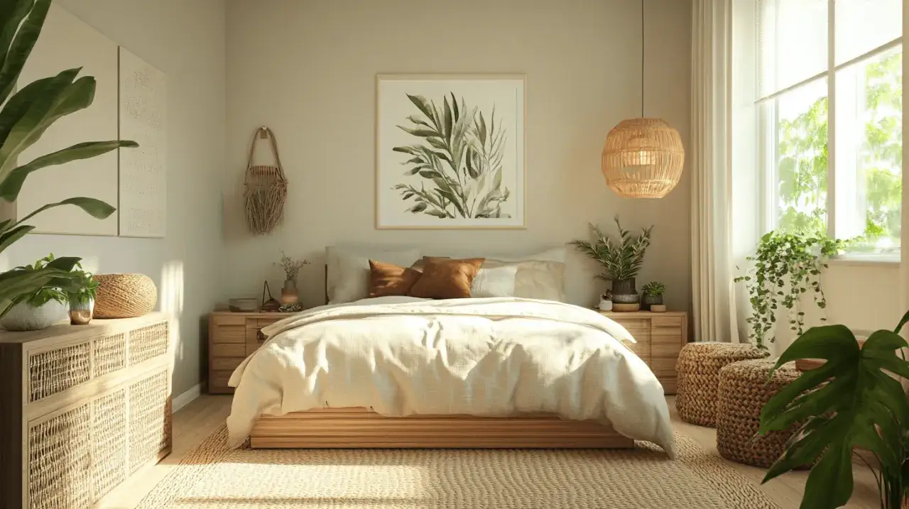 Chambre feng shui apaisante avec lit douillet, plantes vertes et lumière naturelle. Ambiance zen et naturelle.