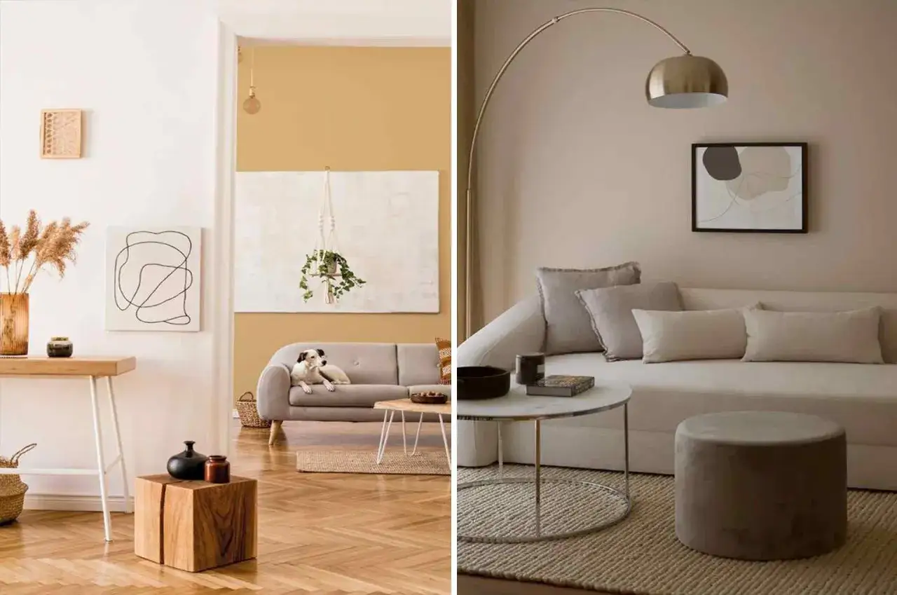 Ambiance cosy et naturelle, deux salons aux couleurs douces et aux mati&egrave;res brutes, une tendance d&eacute;co qui invite &agrave; la d&eacute;tente.