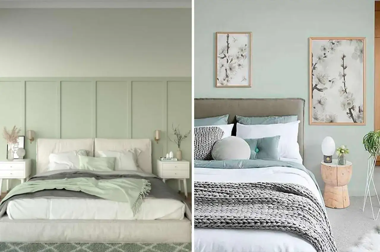 Deux chambres douillettes aux murs vert sauge. L'une avec un lit blanc et des plaids gris et verts, l'autre avec un lit gris et des coussins bleus.