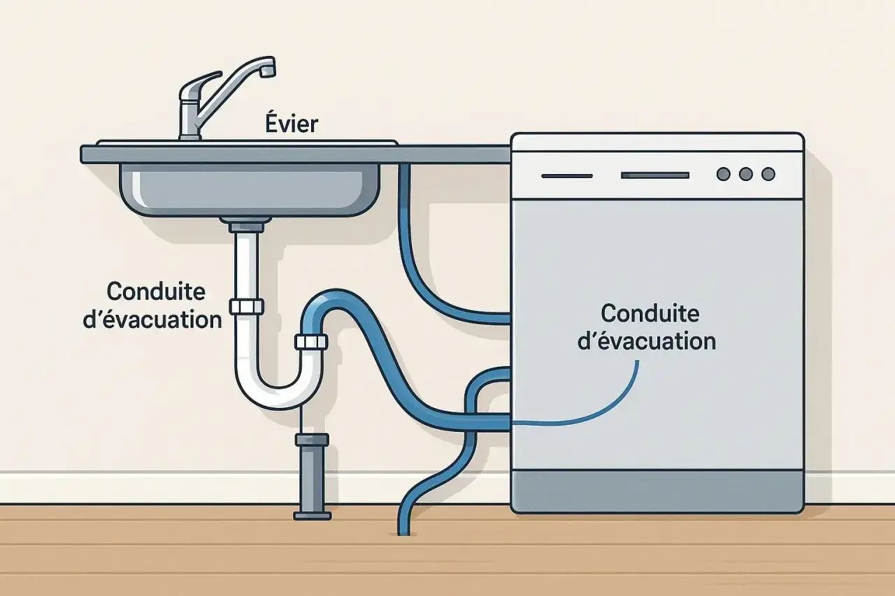 Sch&eacute;ma montrant comment d&eacute;brancher lave vaisselle. Tuyaux d'&eacute;vacuation du lavabo et de l'appareil reli&eacute;s &agrave; la plomberie.