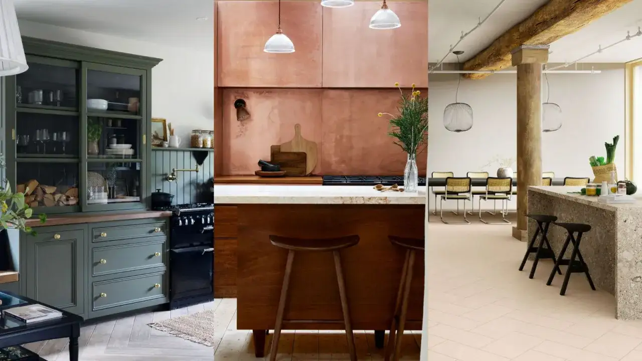 Trois cuisines modernes : verte rustique, cuivre chaleureuse et b&eacute;ton brut. Une inspiration cuisine pour tous les styles.