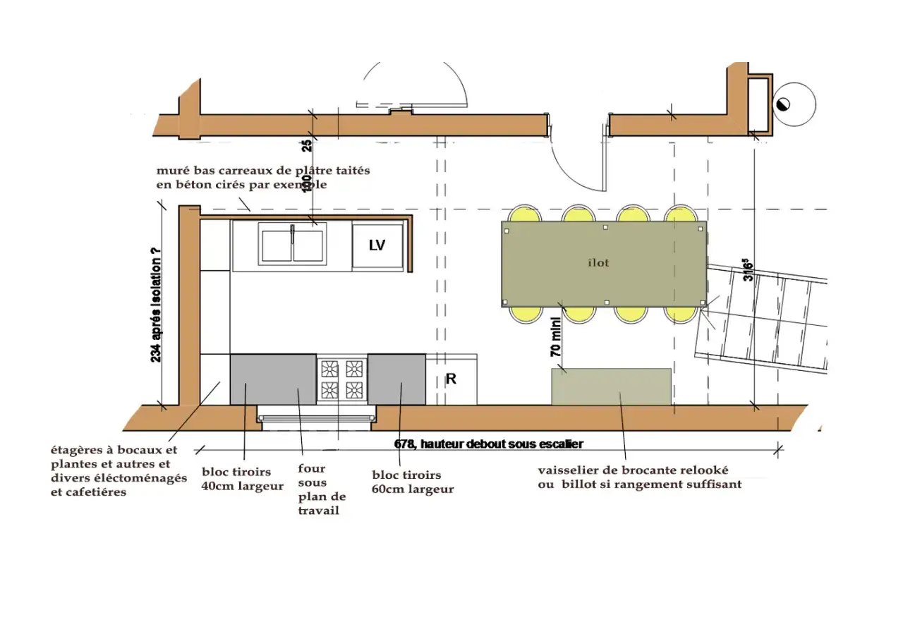 Plan cuisine dimension : &icirc;lot central, plan de travail, four, placards, et escalier.