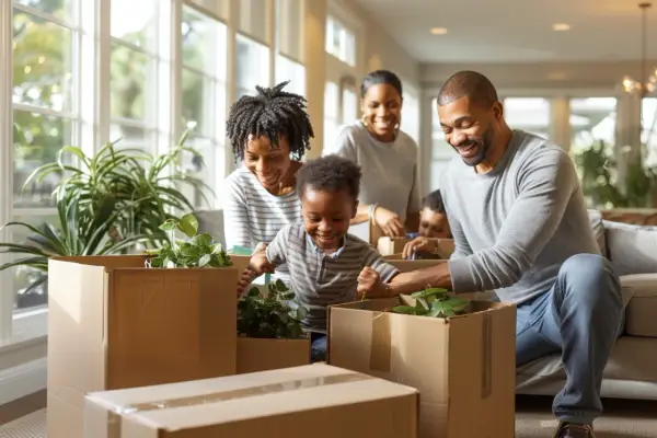 Famille souriante emballant des plantes pour un petit déménagement entre particuliers.