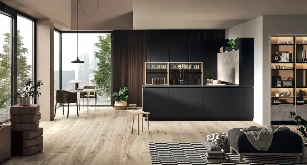 Une cuisine ouverte sur salon moderne et épurée, avec des meubles noirs, un îlot central et une vue panoramique sur la ville.